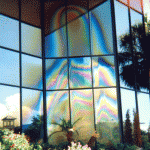 marian apparition on a stained glass window