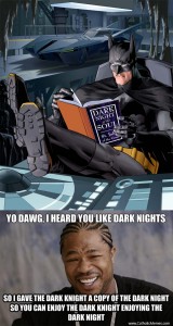 The dark knight reading a copy of the dark night of the soul on a dark night